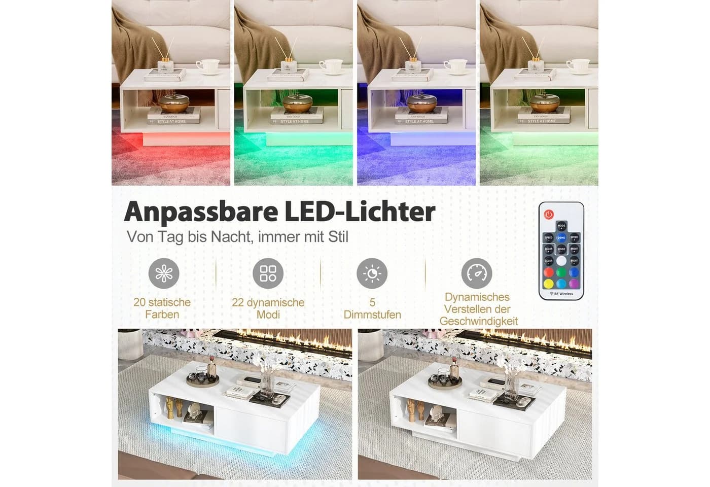 COSTWAY Couchtisch mit LED-Beleuchtung, Fernbedienung, Schublade - Bild 3