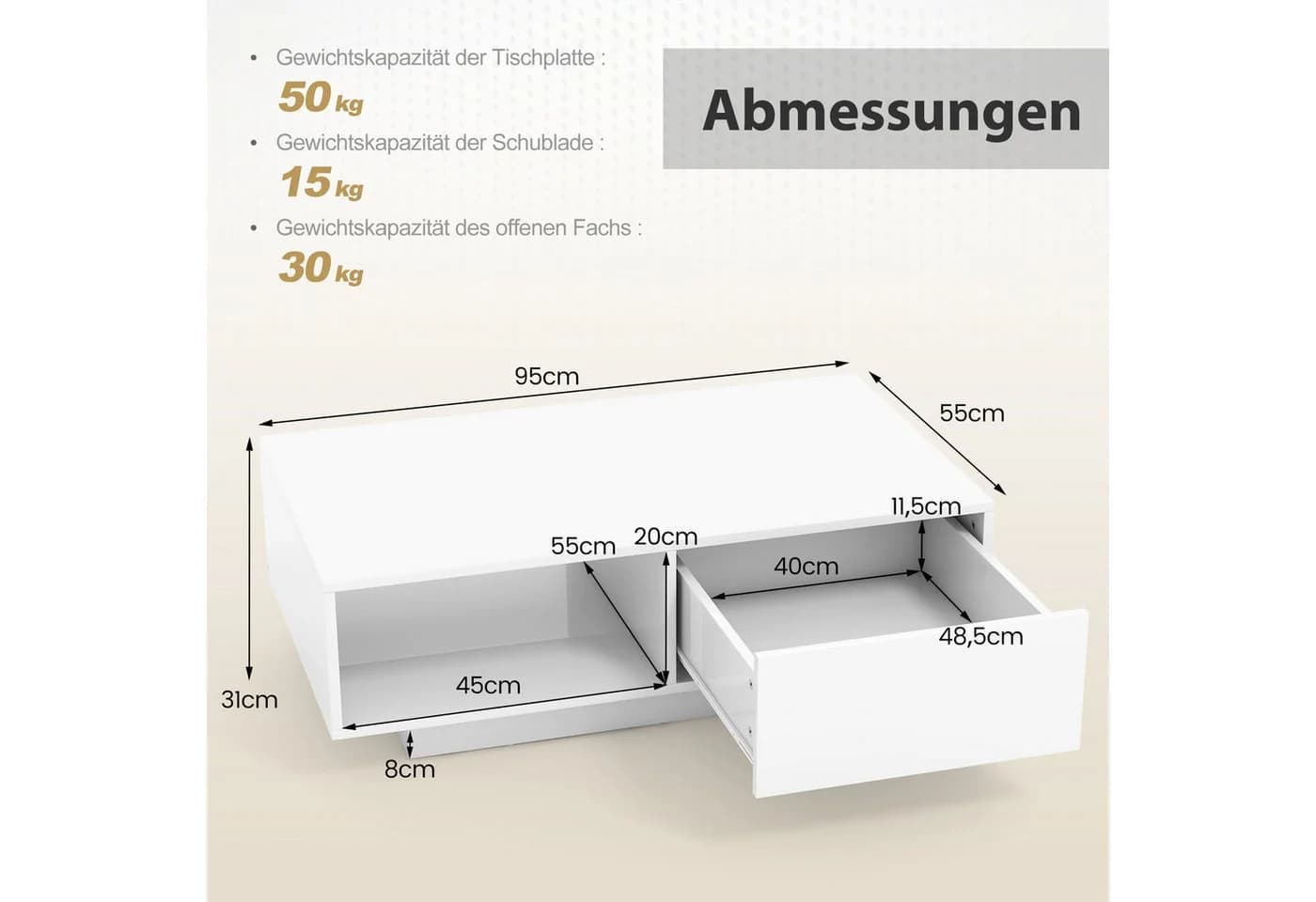 COSTWAY Couchtisch mit LED-Beleuchtung, Fernbedienung, Schublade - Bild 5
