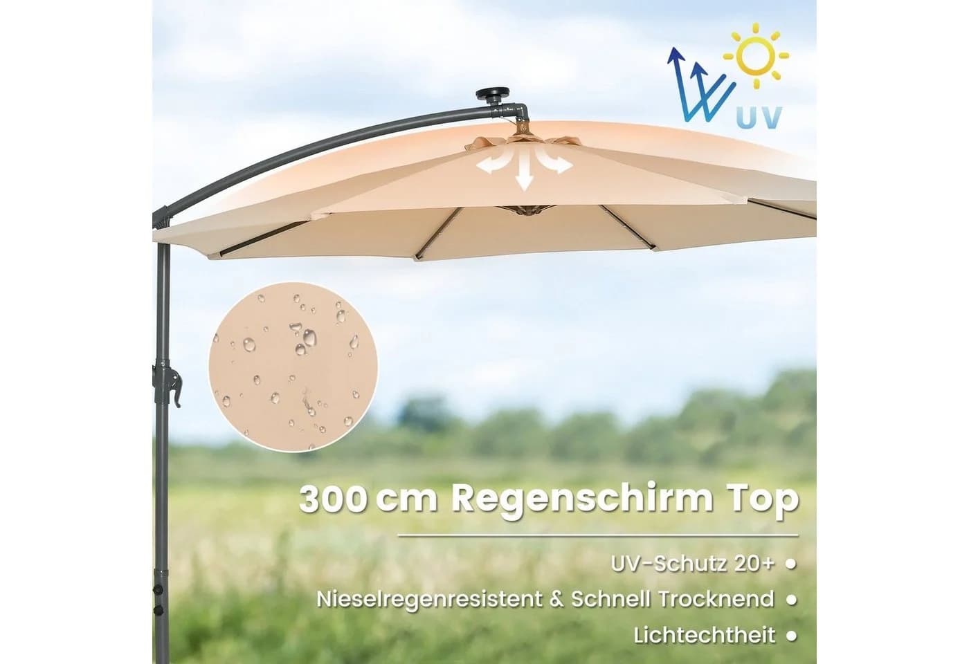 COSTWAY Sonnenschirm Beige mit Solar-LEDs