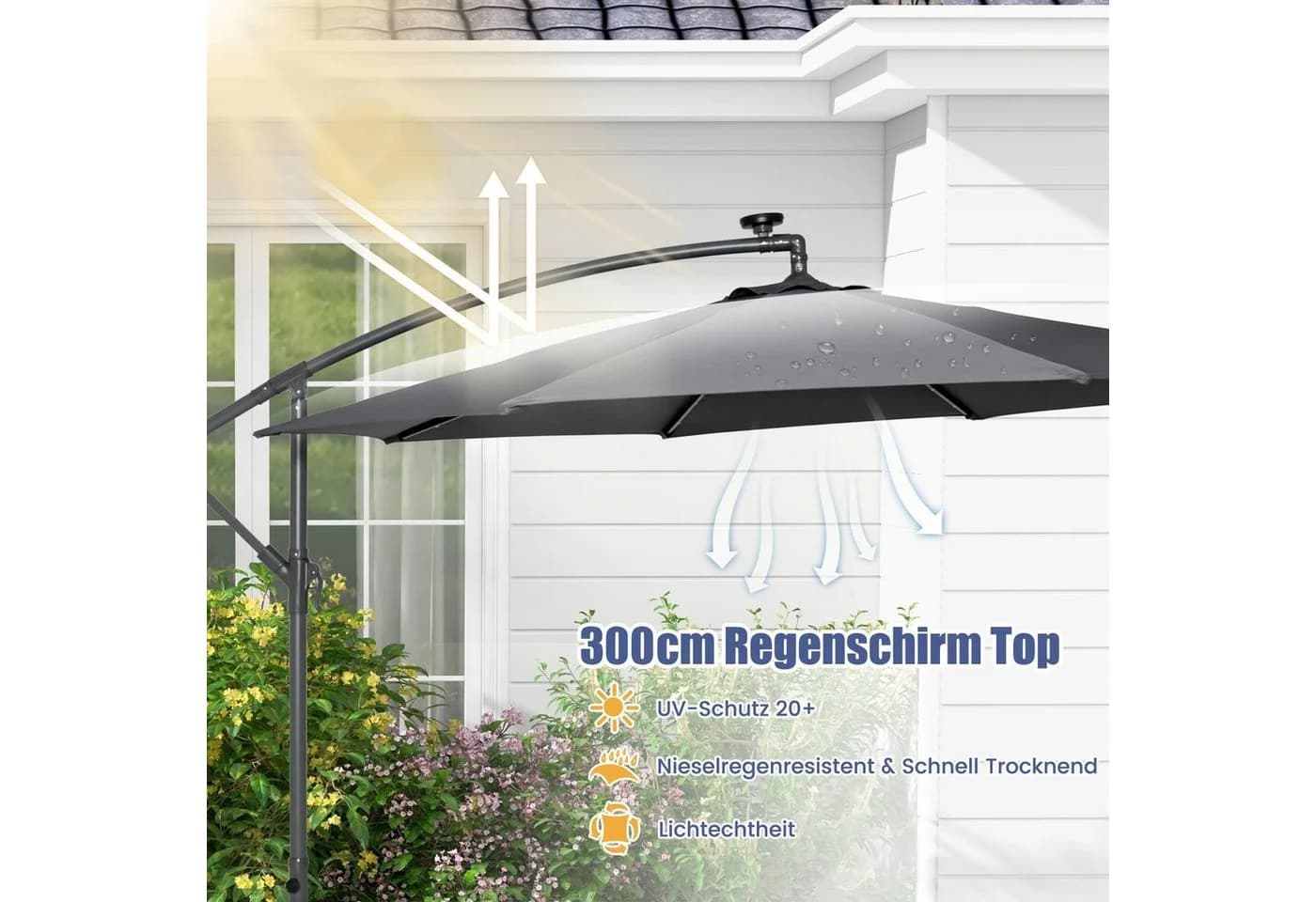 COSTWAY Gartenschirm Grau mit Solar-LED-Beleuchtung und Neigungsfunktion