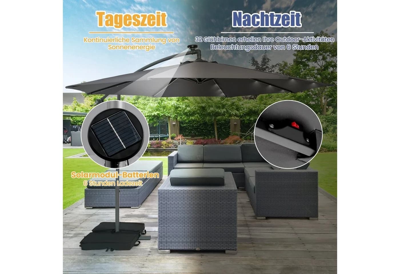 COSTWAY Gartenschirm Grau mit Solar-LED-Beleuchtung und Neigungsfunktion - Bild 3