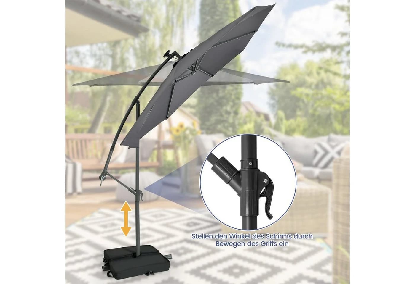 COSTWAY Gartenschirm Grau mit Solar-LED-Beleuchtung und Neigungsfunktion - Bild 4