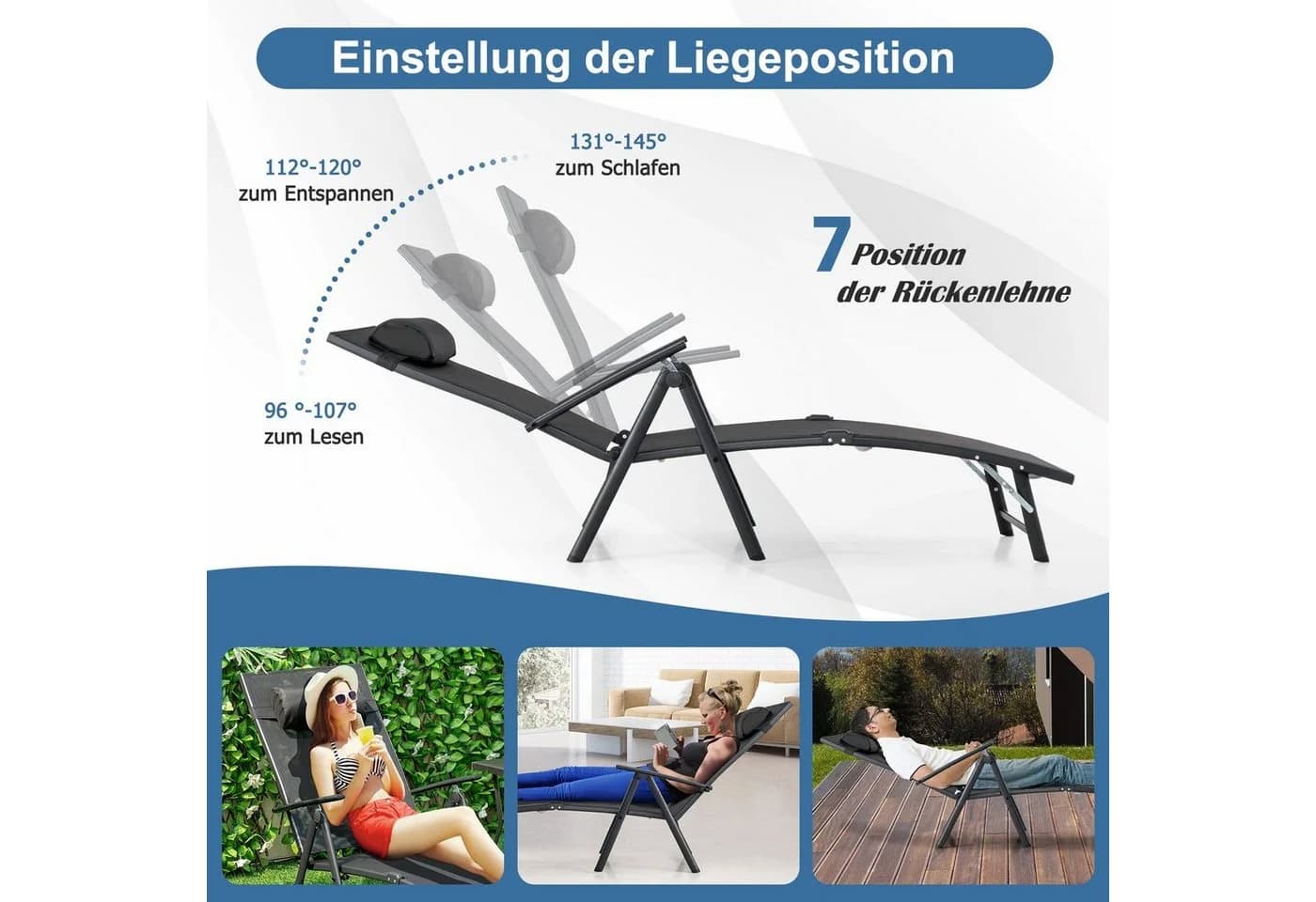 COSTWAY Gartenliege klappbar 7-fach verstellbar schwarz