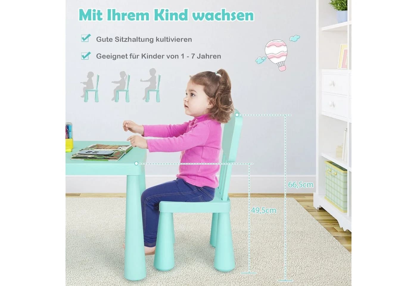 COSTWAY Kindersitzgruppe 3 TLG. Kindertisch mit 2 Stühlen Grün