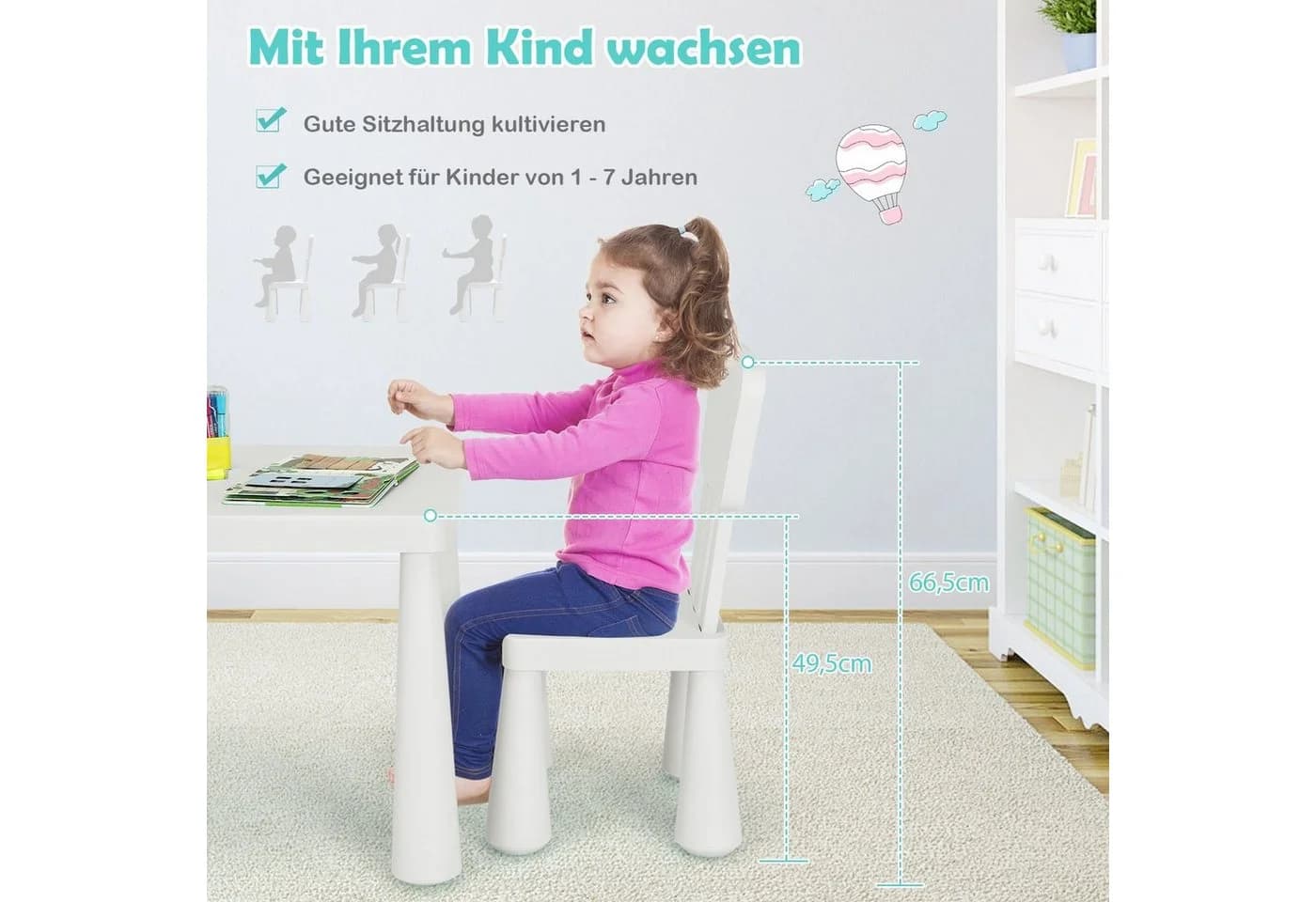 COSTWAY Kindersitzgruppe 3 TLG. Kindertisch mit 2 Stühlen Weiß
