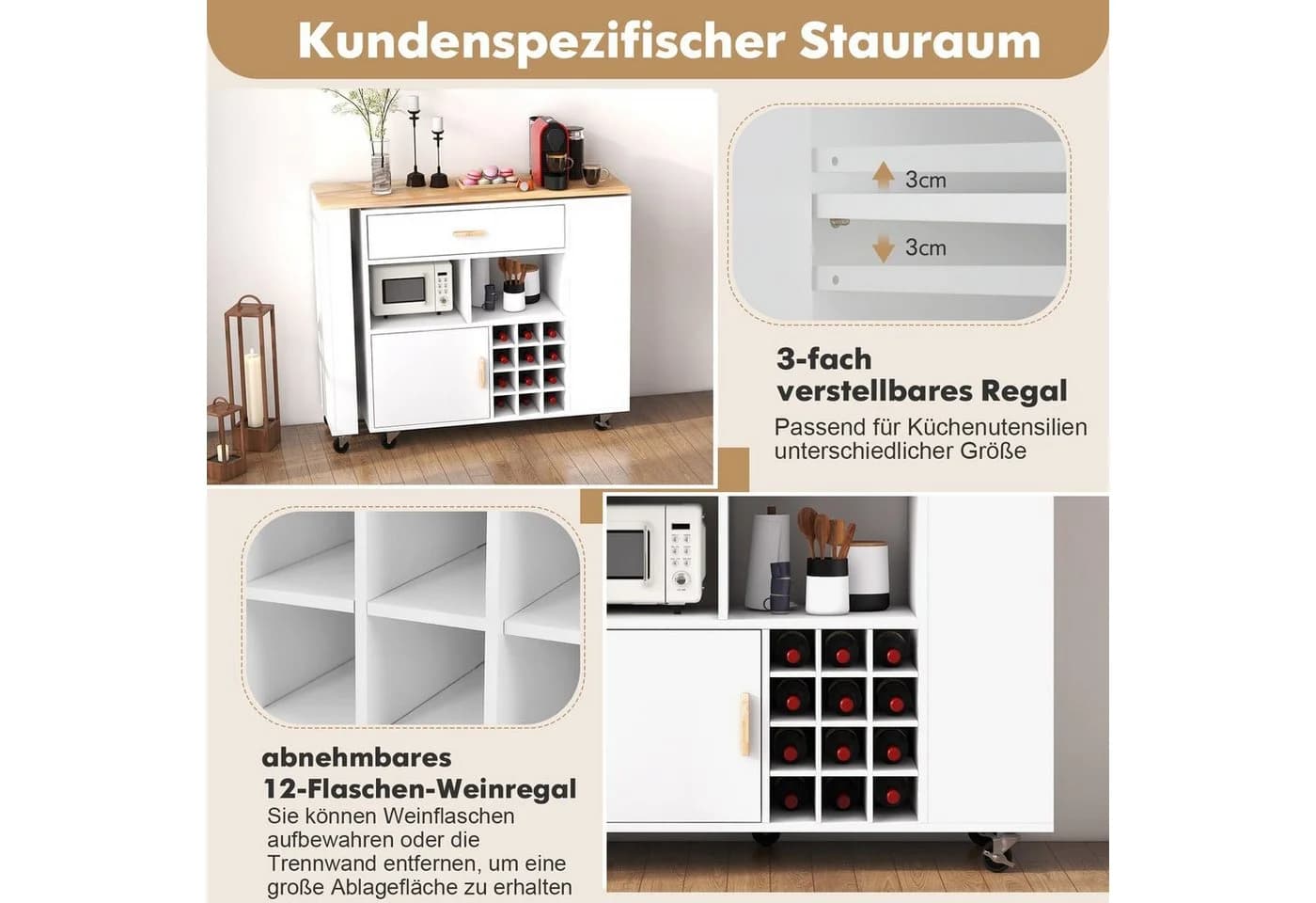 COSTWAY Küchenwagen mit ausziehbarer Arbeitsplatte & Rollen, Schublade, Weinregal - Bild 4