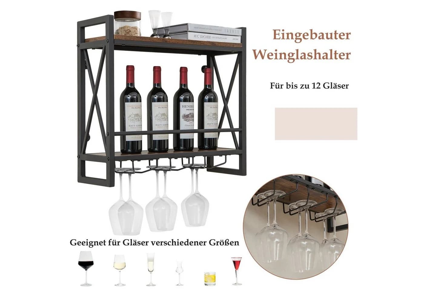 COSTWAY Weinregal Wand Holz Metallrahmen Weingläserhalter 20x60x55cm - Bild 3