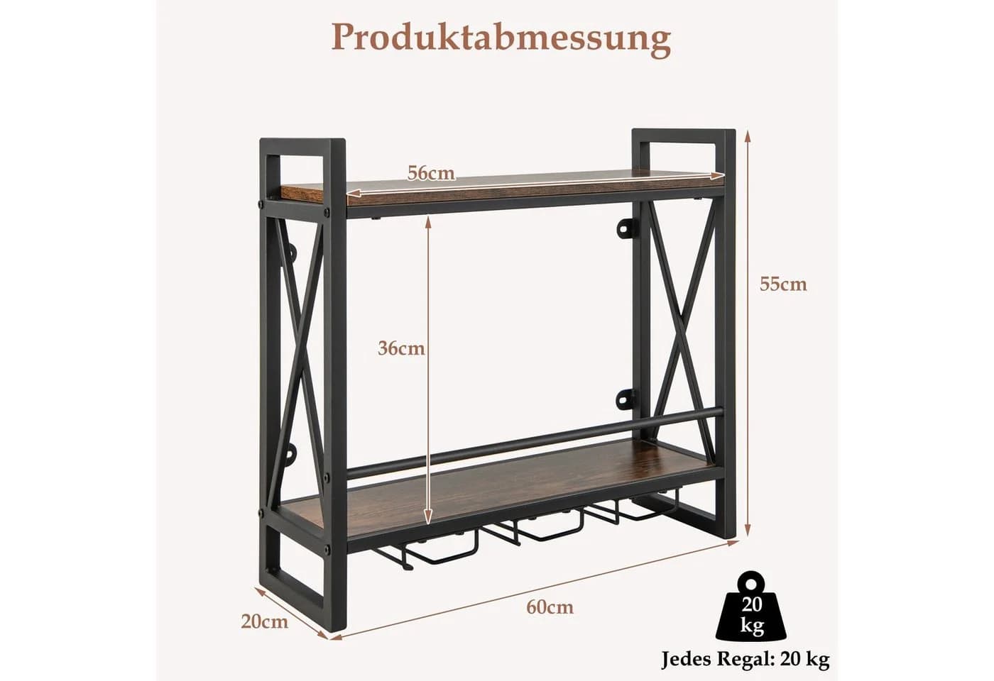 COSTWAY Weinregal Wand Holz Metallrahmen Weingläserhalter 20x60x55cm - Bild 5