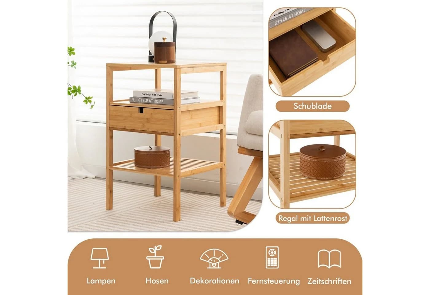COSTWAY Nachttisch Bambus 40x40x68cm - Bild 3