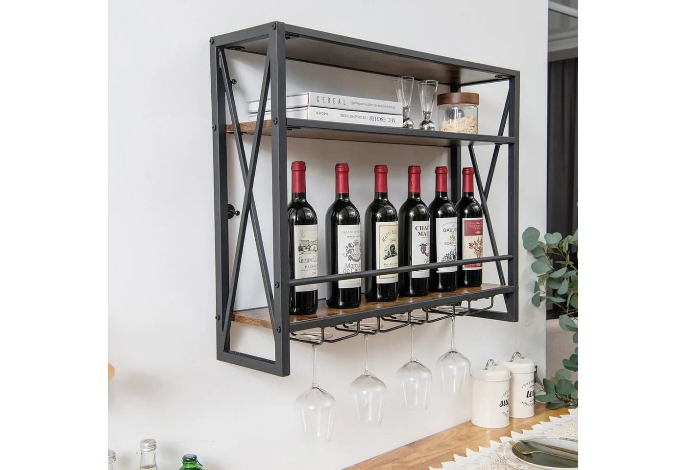COSTWAY Weinregal Wand Holz Metallrahmen Gläserhalter 80x20x63cm