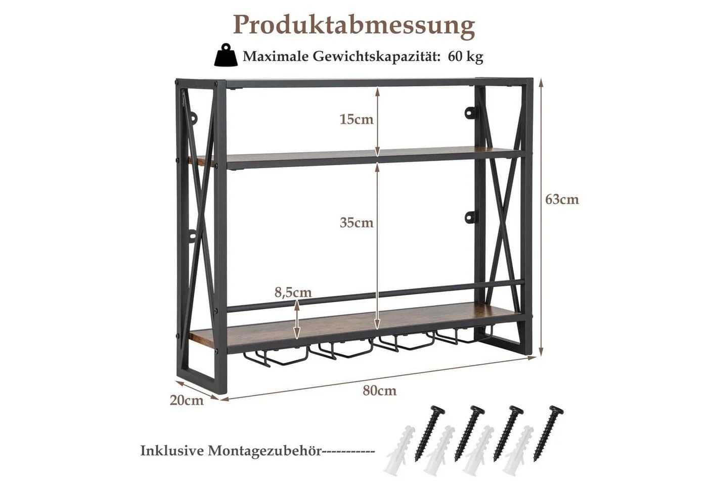 COSTWAY Weinregal Wand Holz Metallrahmen Gläserhalter 80x20x63cm - Bild 5