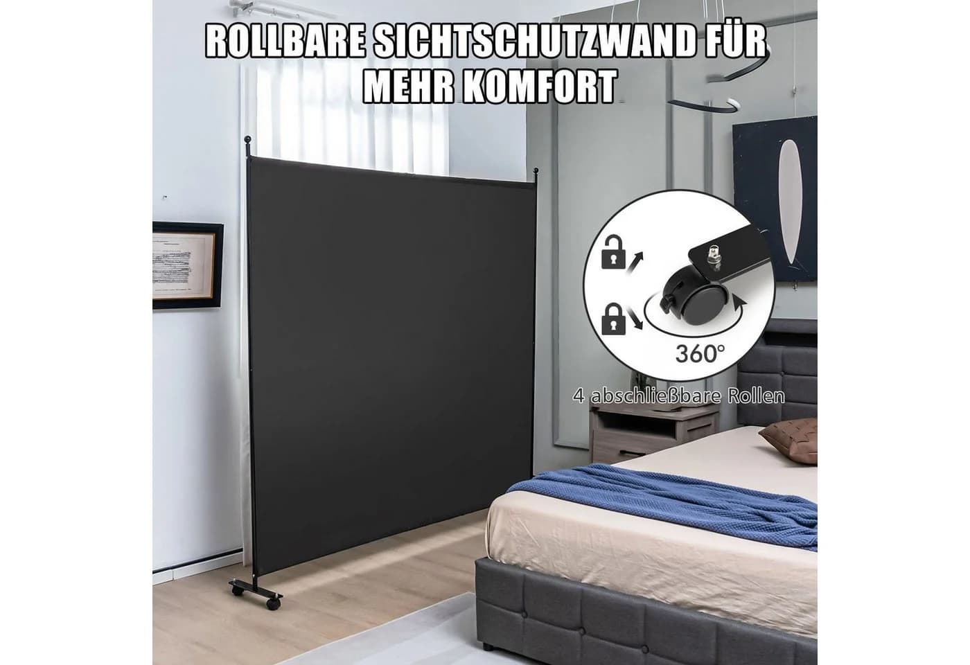 COSTWAY Paravent Raumteiler auf Rollen faltbar Schwarz - Bild 3