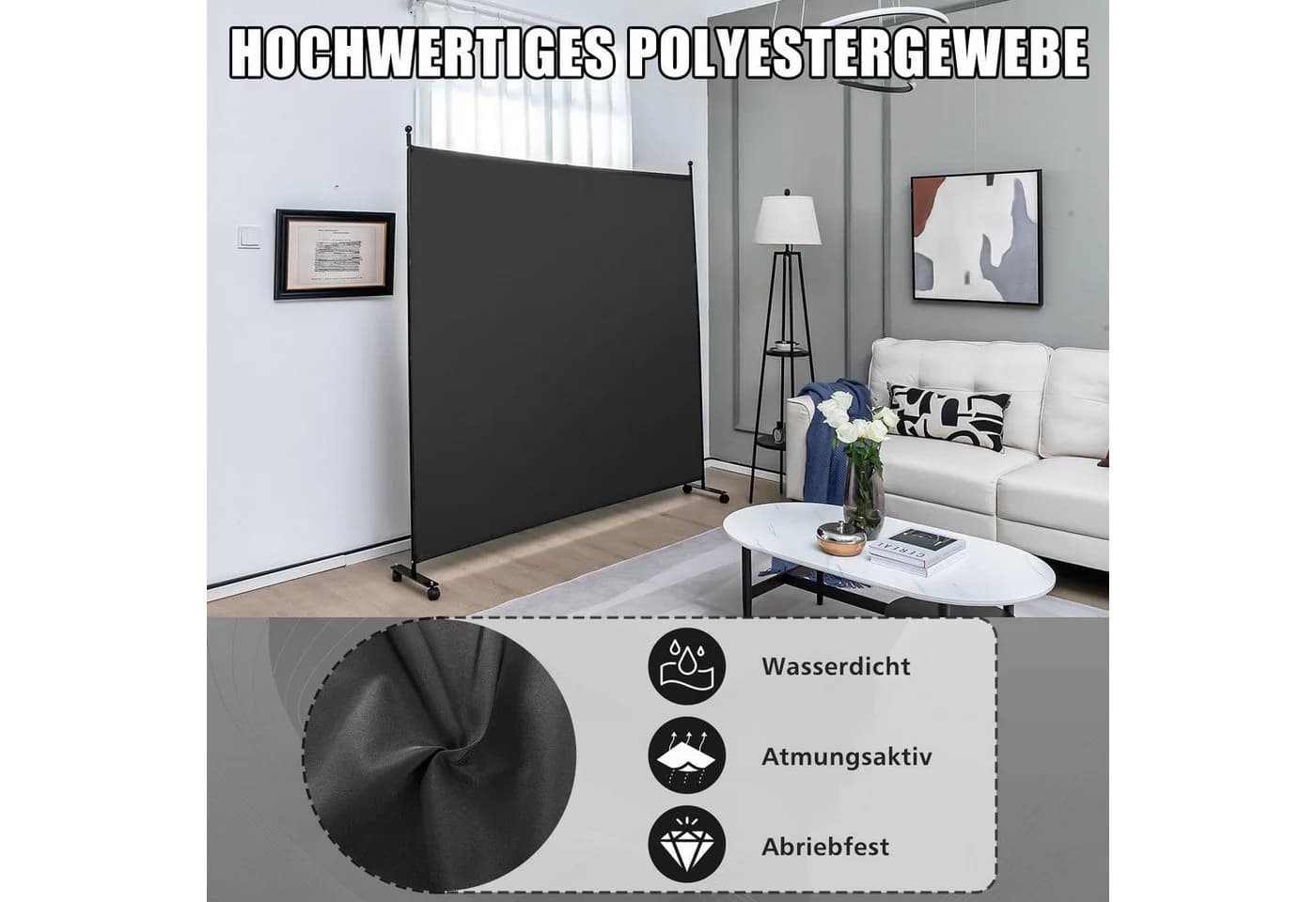 COSTWAY Paravent Raumteiler auf Rollen faltbar Schwarz - Bild 4