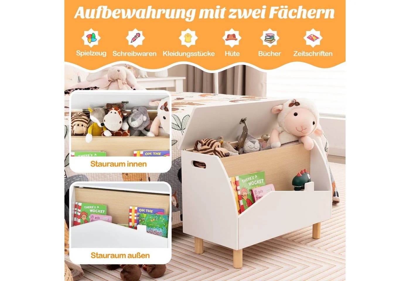 COSTWAY Spielzeugtruhe Kinderregal Holz 60x30x44 cm Weiß - Bild 4