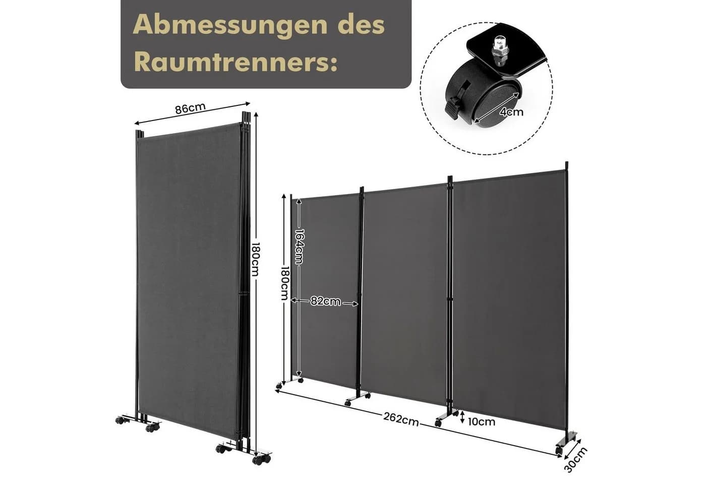 COSTWAY Paravent 3 tlg. auf Rollen Grau Metallrahmen - Bild 5