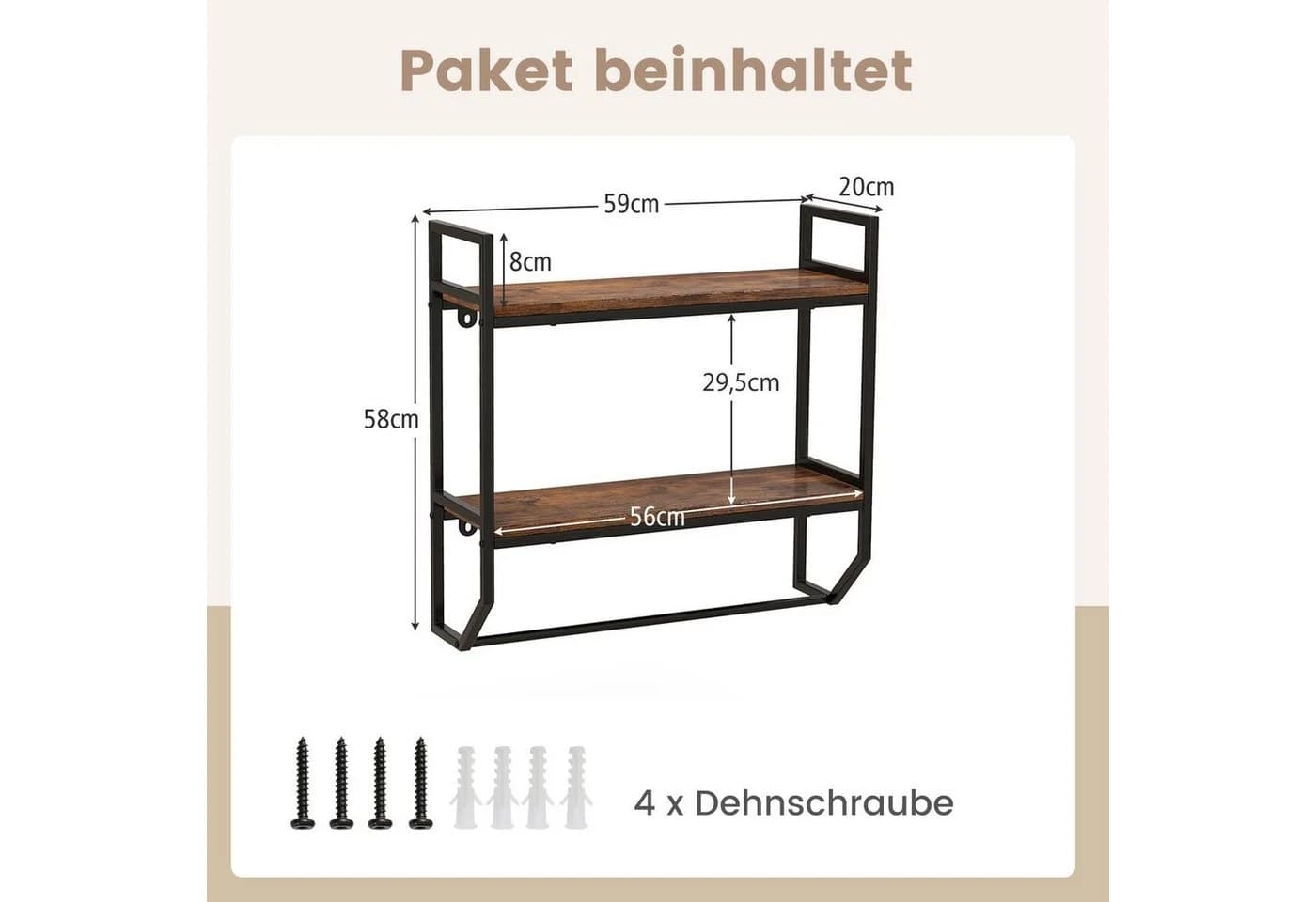 COSTWAY Wandregal Industrial 2 Ebenen Braun Metallrahmen - Bild 5