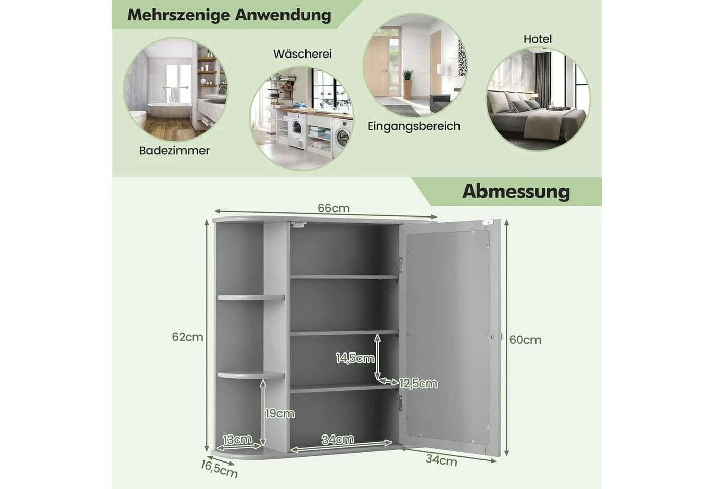 KOMFOTTEU Spiegelschrank mit Ablagen Grau MDF - Bild 3