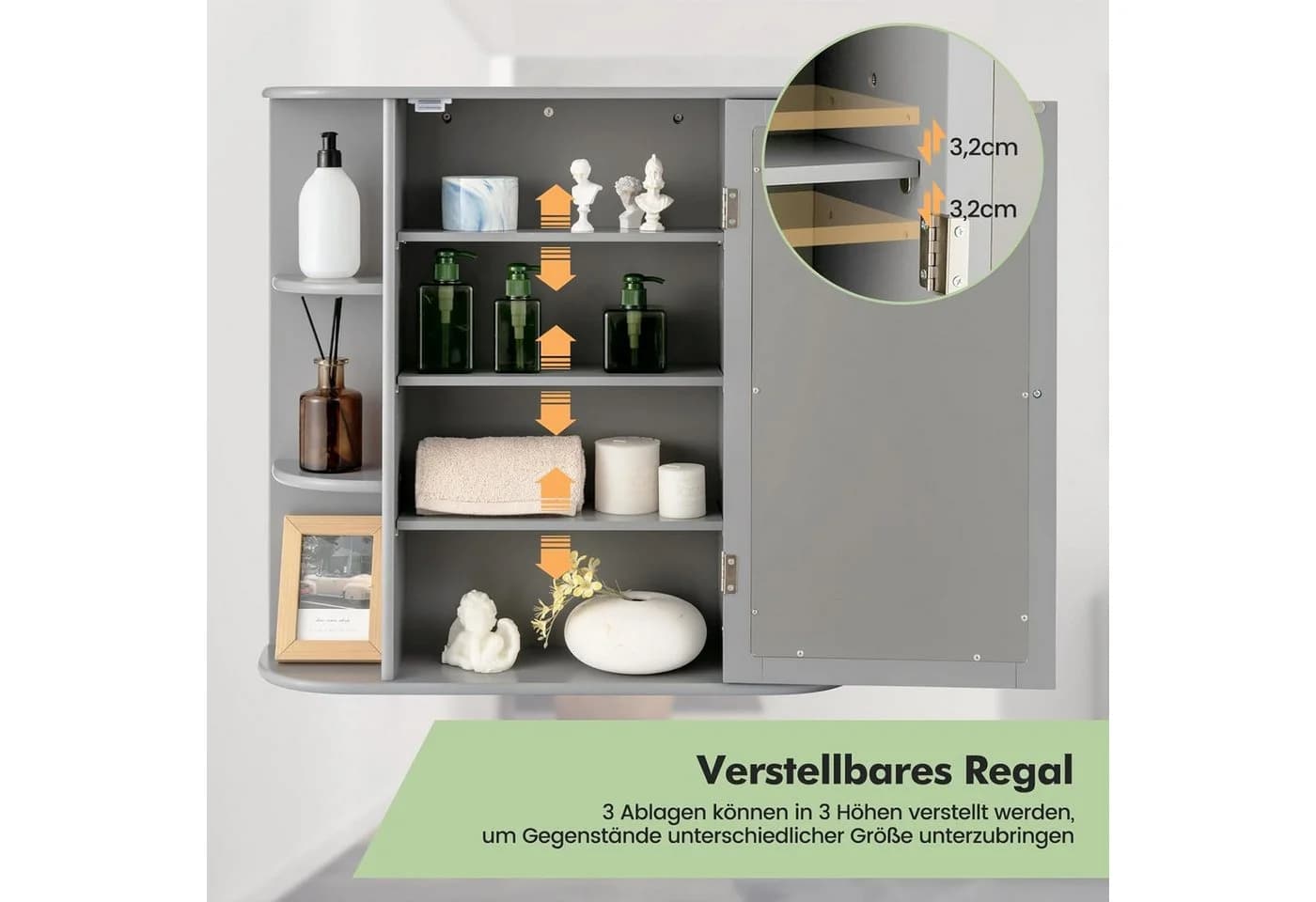 KOMFOTTEU Spiegelschrank mit Ablagen Grau MDF - Bild 5