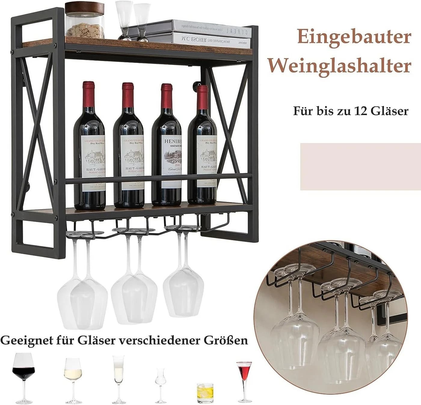 KOMFOTTEU Weinregal Wandregal mit Glashalter Industriestil - Bild 3