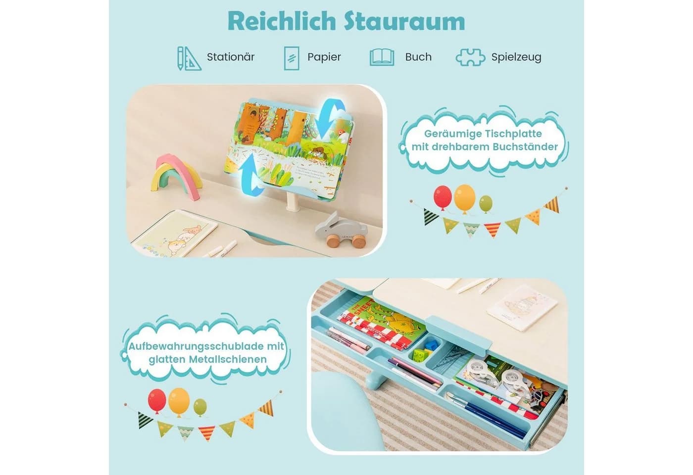 COSTWAY Kinderschreibtisch höhenverstellbar Blau - Bild 1