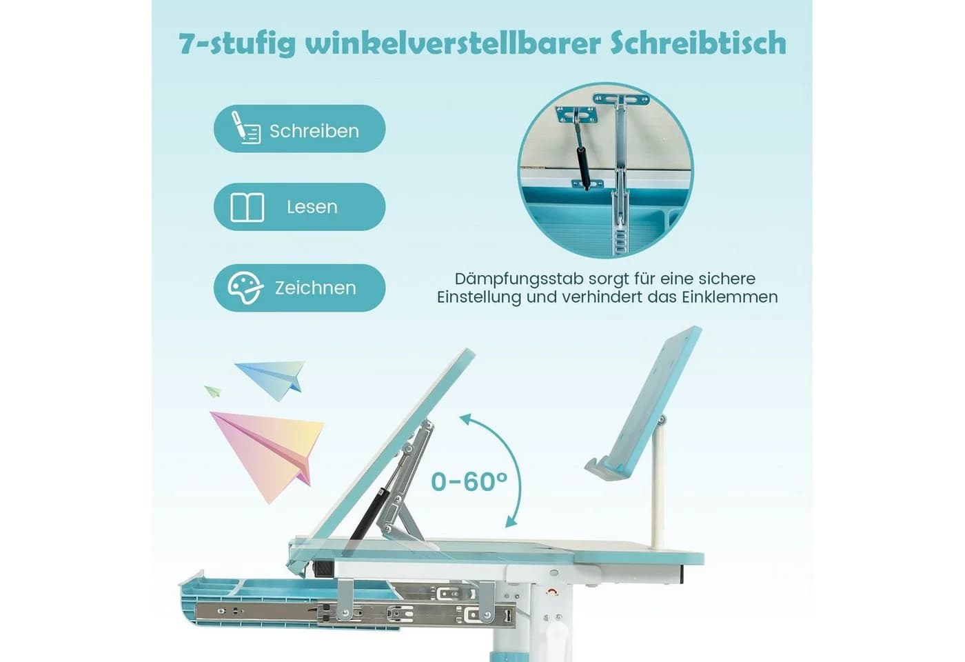COSTWAY Kinderschreibtisch höhenverstellbar Blau - Bild 5