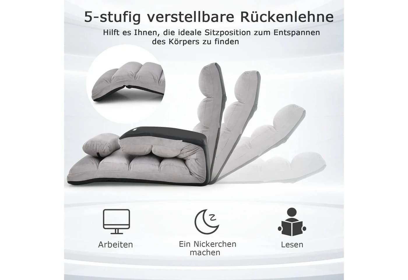 COSTWAY Relaxliege mit Liegefunktion, Bodensessel klappbar verstellbare Rücklehne Grau - Bild 3