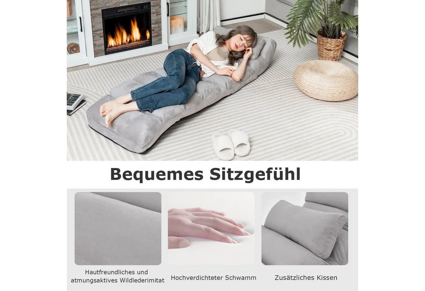 COSTWAY Relaxliege mit Liegefunktion, Bodensessel klappbar verstellbare Rücklehne Grau - Bild 4