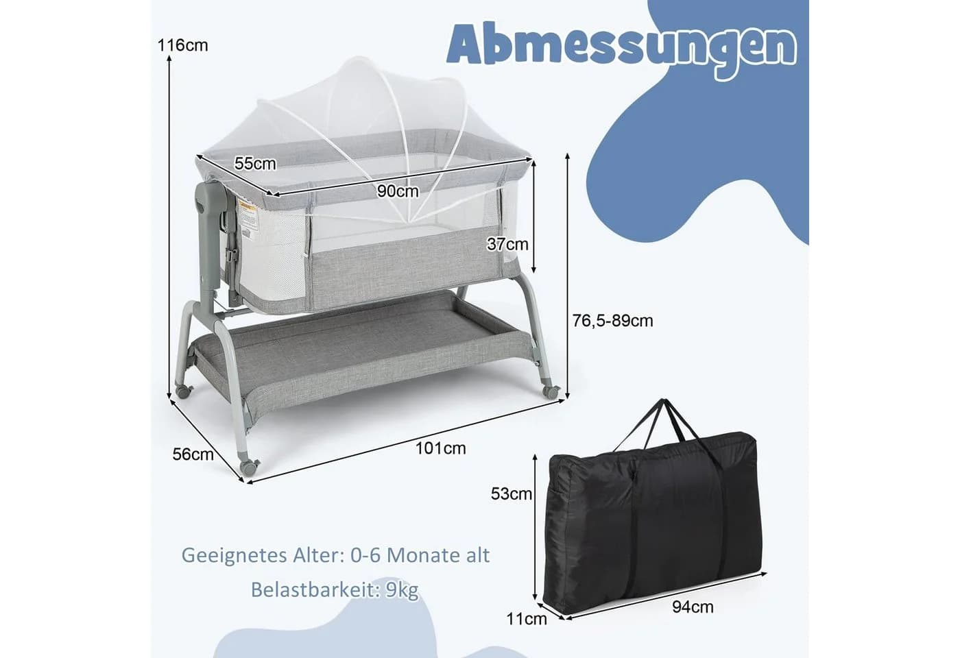 COSTWAY Baby-Reisebett 4 in 1 Beistellbett Grau 6-fach höhenverstellbar - Bild 3