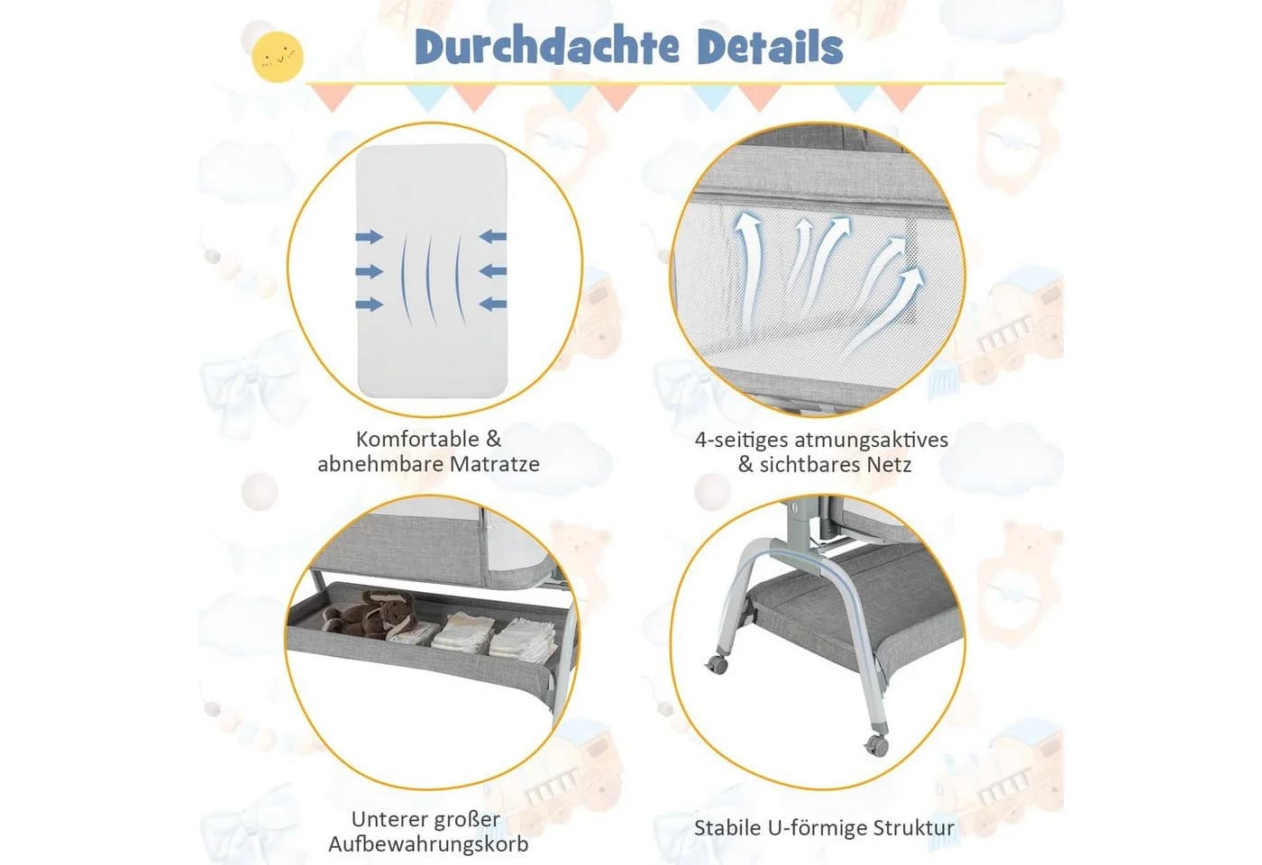 COSTWAY Baby-Reisebett 4 in 1 Beistellbett Grau 6-fach höhenverstellbar - Bild 4