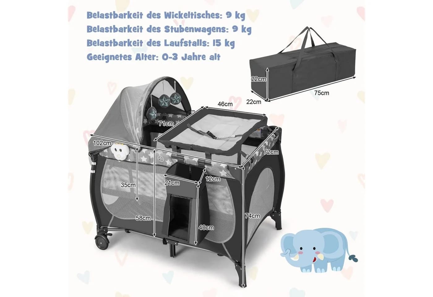 COSTWAY Reisebett 5 in 1 Beistellbett Grau mit Matratze & Spieluhr - Bild 4