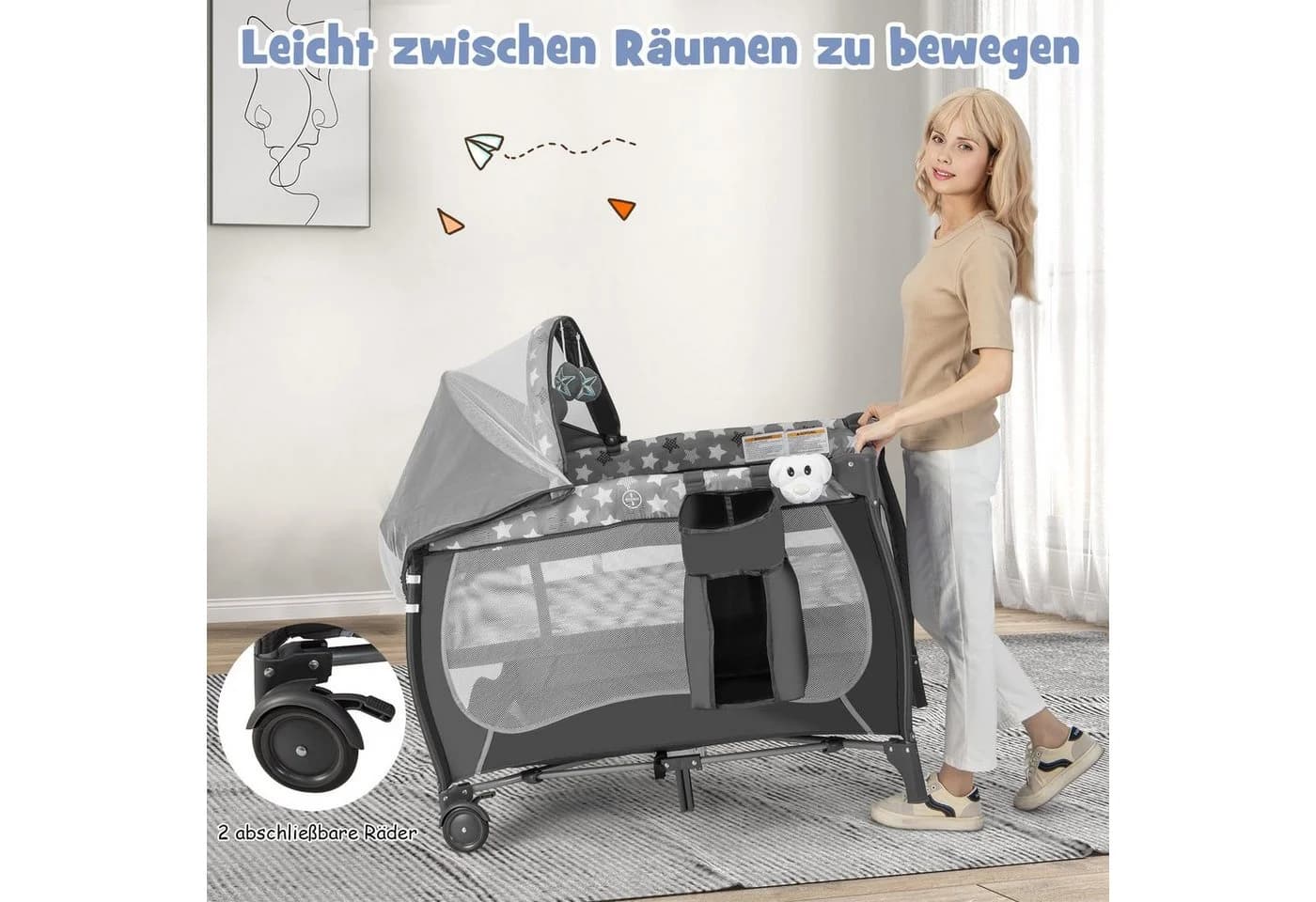 COSTWAY Reisebett 5 in 1 Beistellbett Grau mit Matratze & Spieluhr - Bild 5