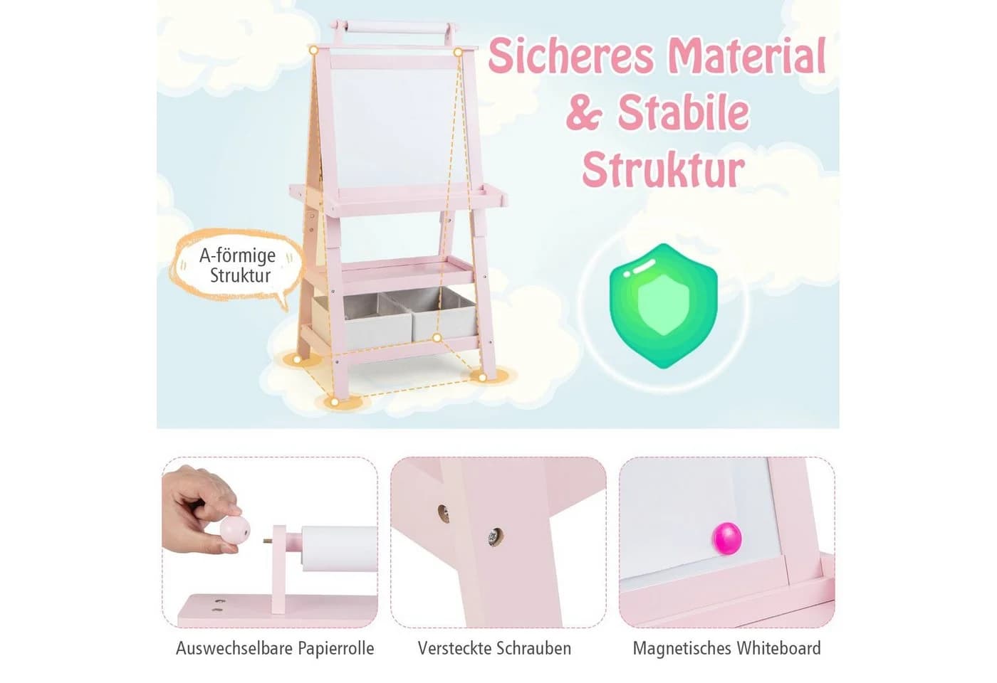 COSTWAY Kinder Staffelei Rosa Doppelseitig mit Magneten & 2 Boxen