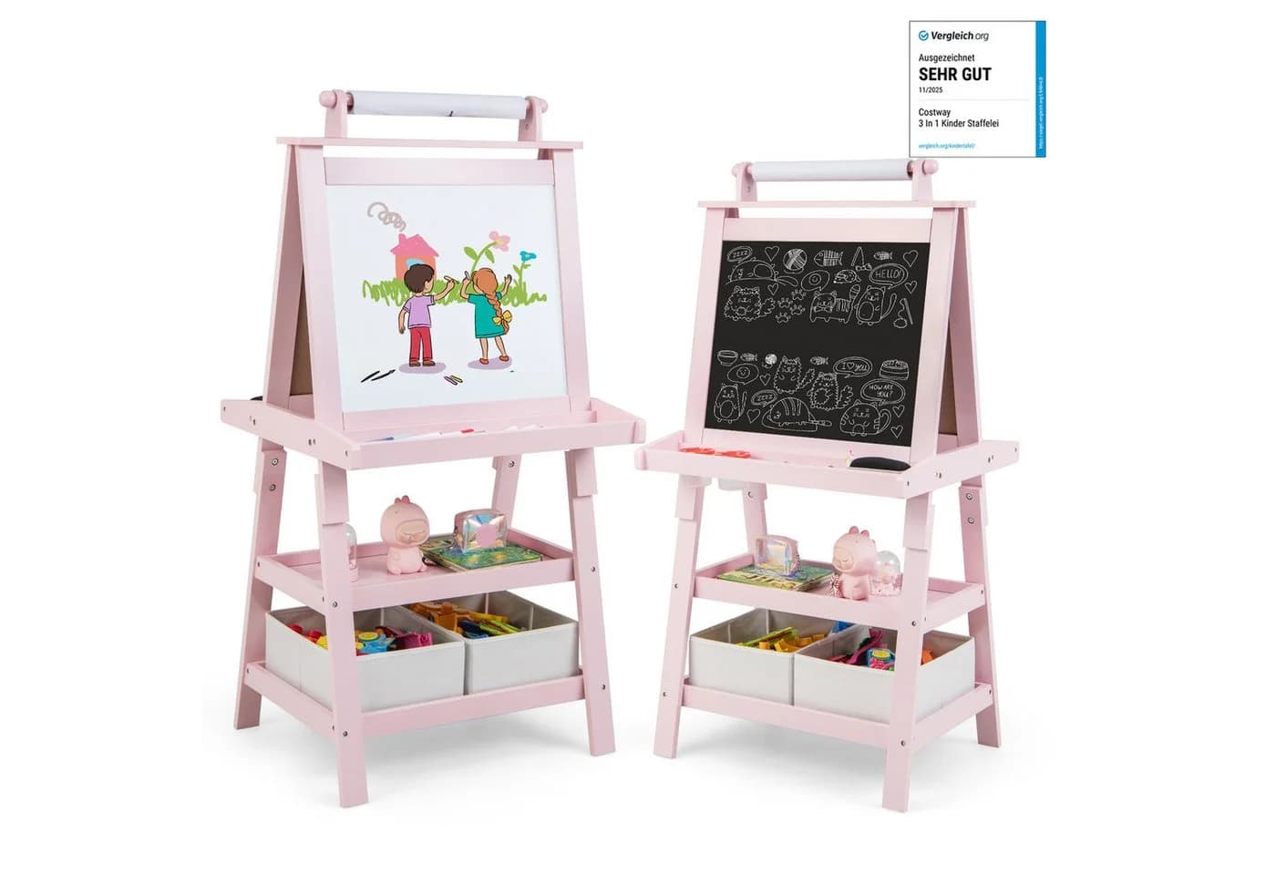 COSTWAY Kinder Staffelei Rosa Doppelseitig mit Magneten & 2 Boxen - Bild 2