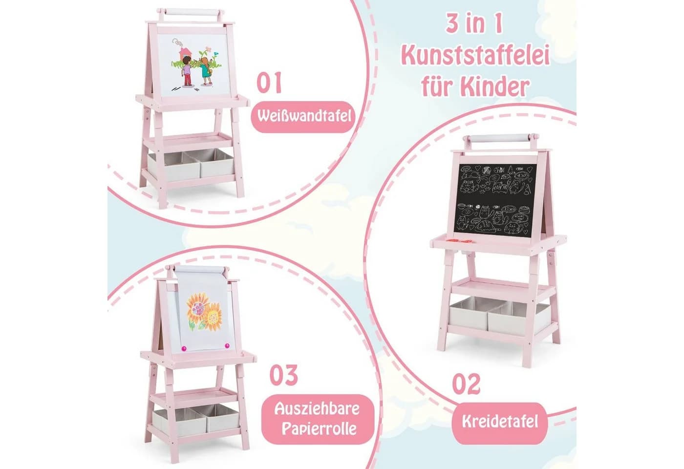 COSTWAY Kinder Staffelei Rosa Doppelseitig mit Magneten & 2 Boxen - Bild 3