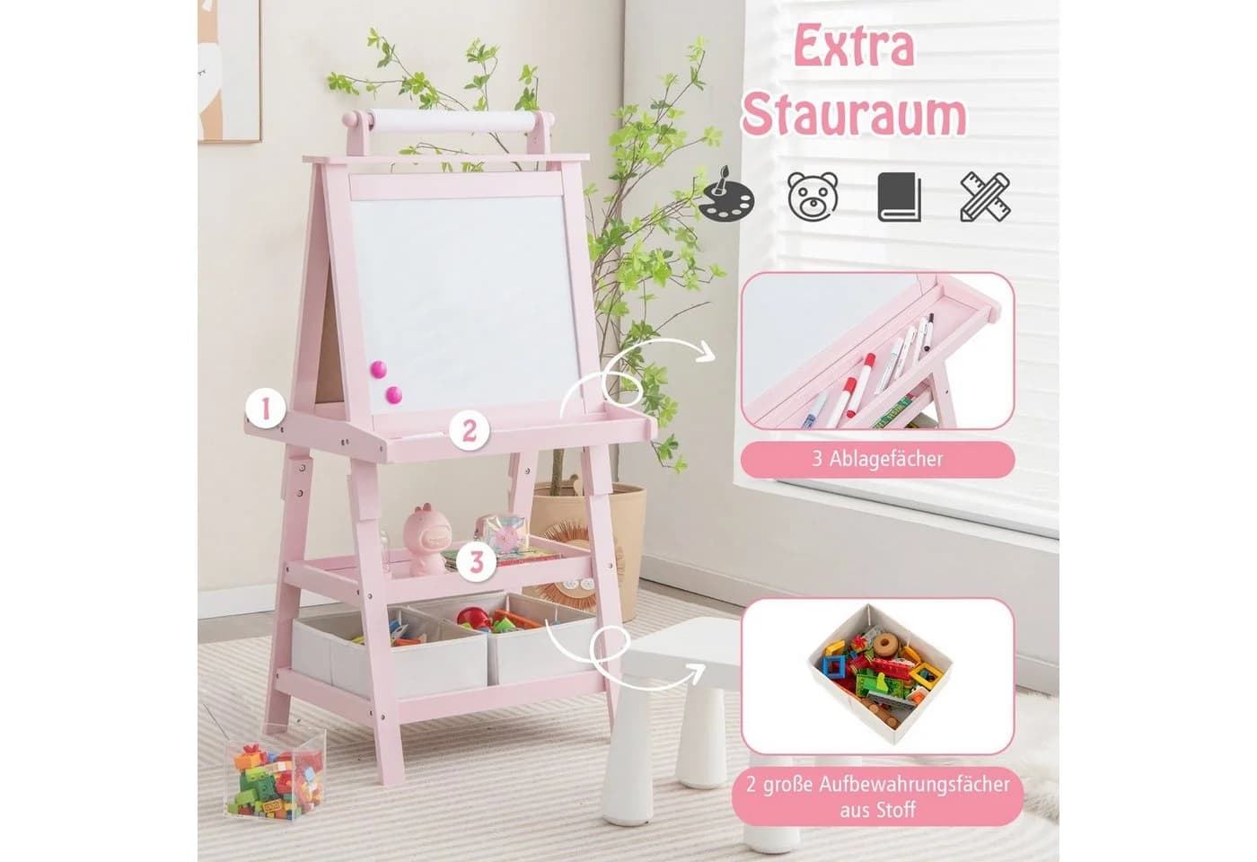 COSTWAY Kinder Staffelei Rosa Doppelseitig mit Magneten & 2 Boxen - Bild 5