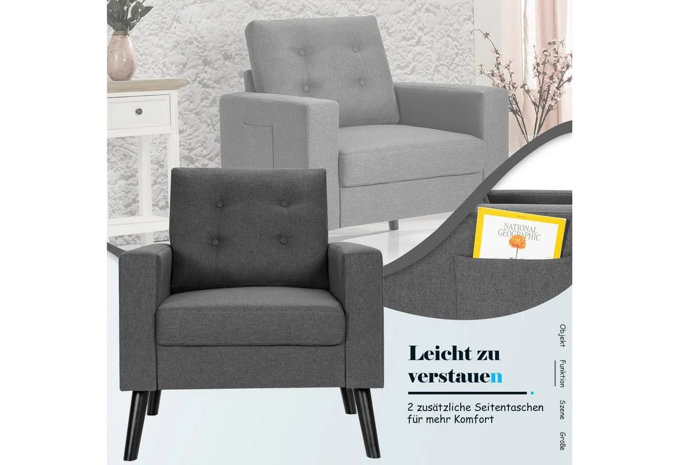 COSTWAY Ohrensessel Grau mit Armlehnen und Kissen - Bild 4