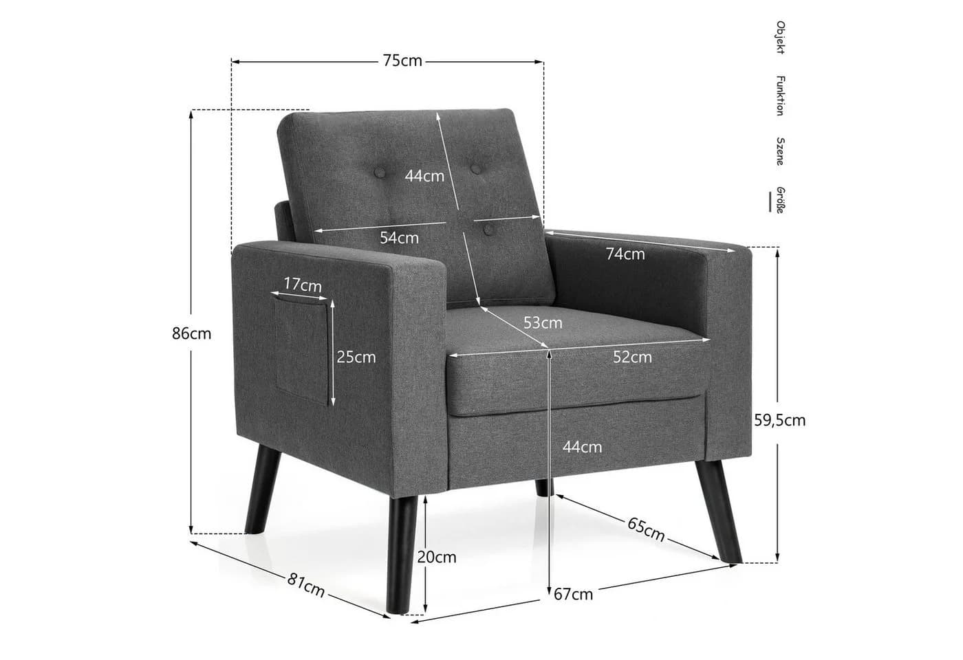 COSTWAY Ohrensessel Grau mit Armlehnen und Kissen - Bild 5