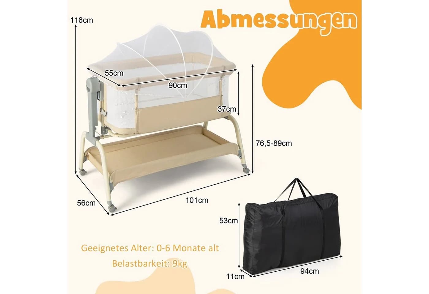 COSTWAY Baby-Reisebett 4 in 1 Beistellbett Beige 6-fach höhenverstellbar - Bild 3