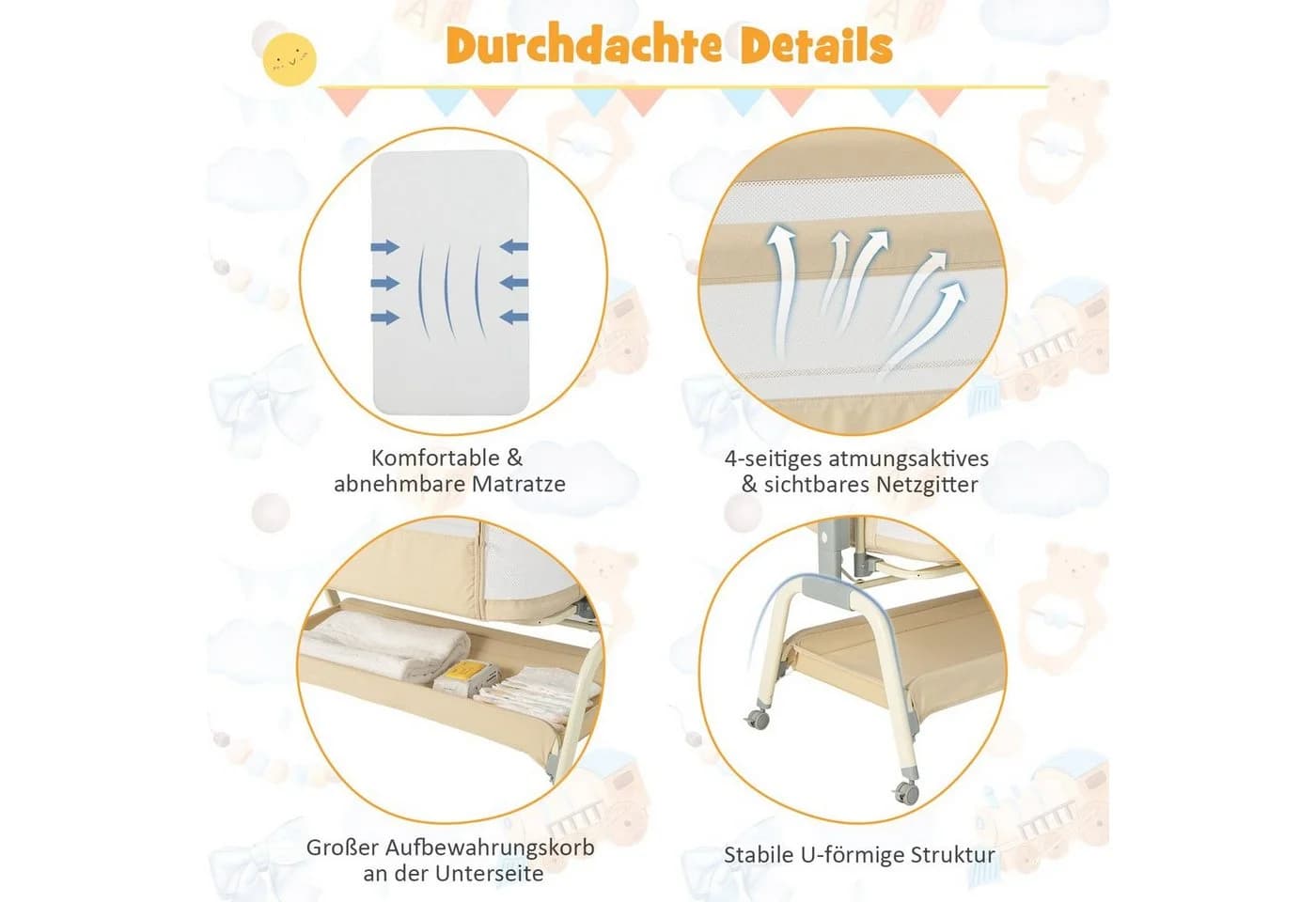 COSTWAY Baby-Reisebett 4 in 1 Beistellbett Beige 6-fach höhenverstellbar - Bild 4