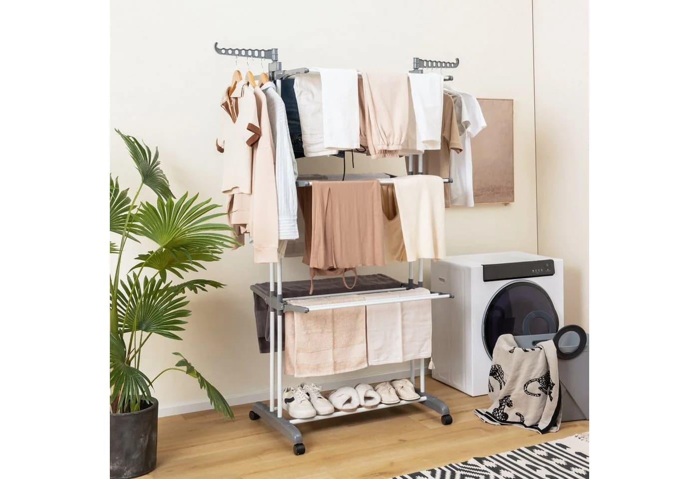 COSTWAY Turmwäscheständer Klappbar Grau Mit Rollen Ausziehbar 127cm