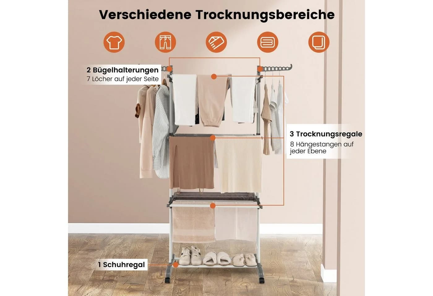 COSTWAY Turmwäscheständer Klappbar Grau Mit Rollen Ausziehbar 127cm - Bild 3