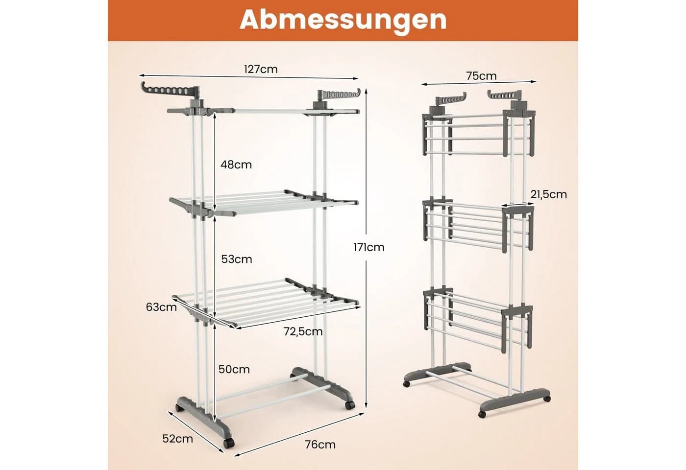 COSTWAY Turmwäscheständer Klappbar Grau Mit Rollen Ausziehbar 127cm - Bild 5