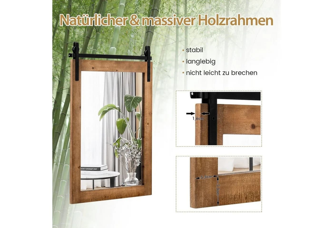 COSTWAY Dekospiegel mit Holzrahmen und Metallhalterung 76,5x56cm - Bild 3