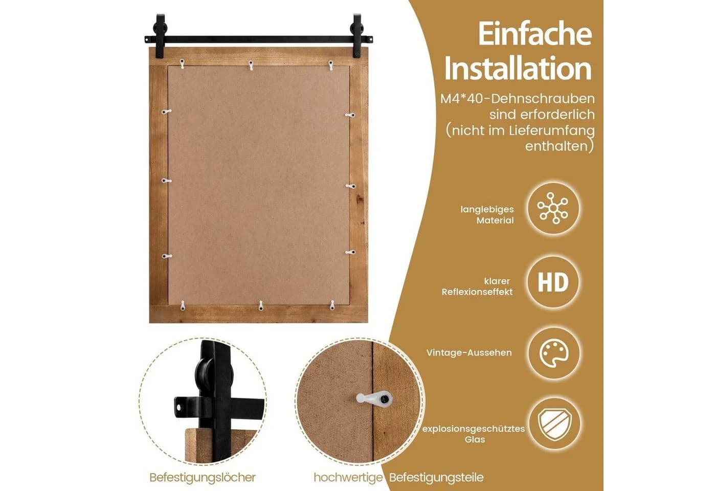 COSTWAY Dekospiegel mit Holzrahmen und Metallhalterung 76,5x56cm - Bild 4