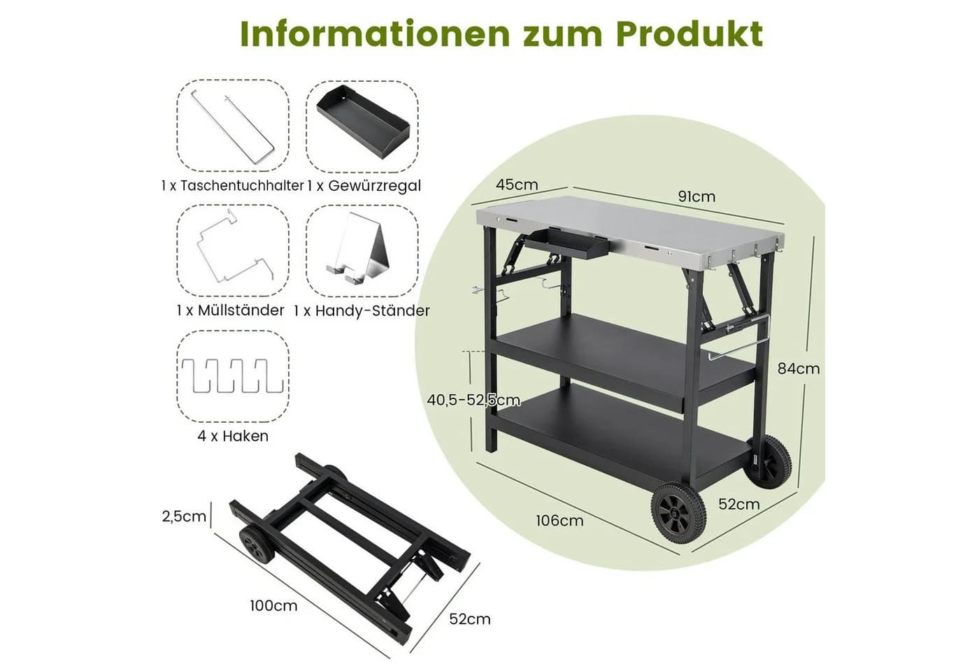 COSTWAY Grillablagetisch Grillwagen Beistelltisch auf Rollen Outdoor - Bild 4
