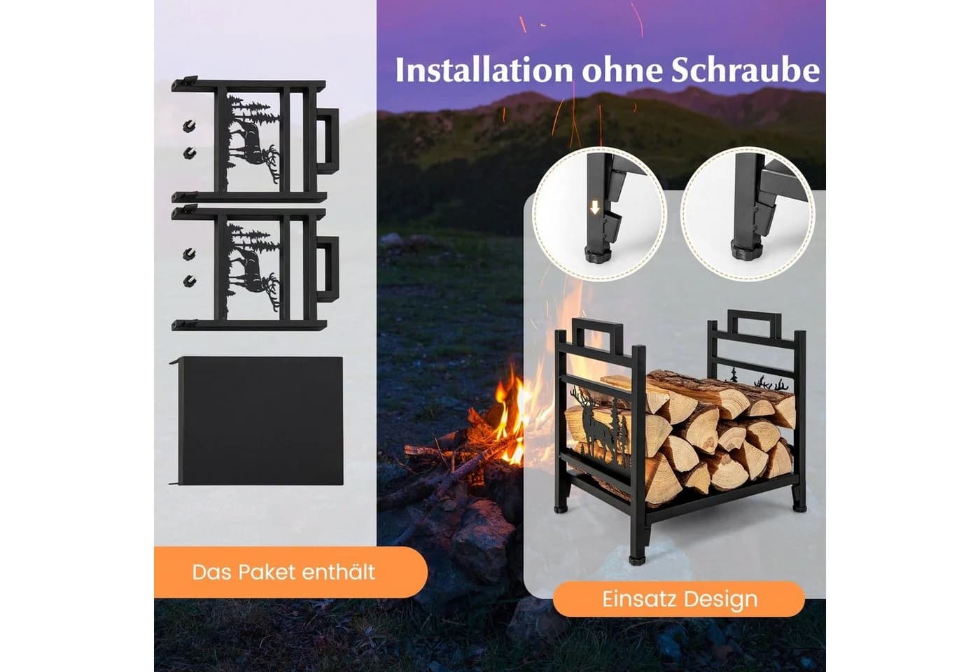 COSTWAY Kaminholzregal aus Metall mit Griffen und Elchmuster - Bild 4