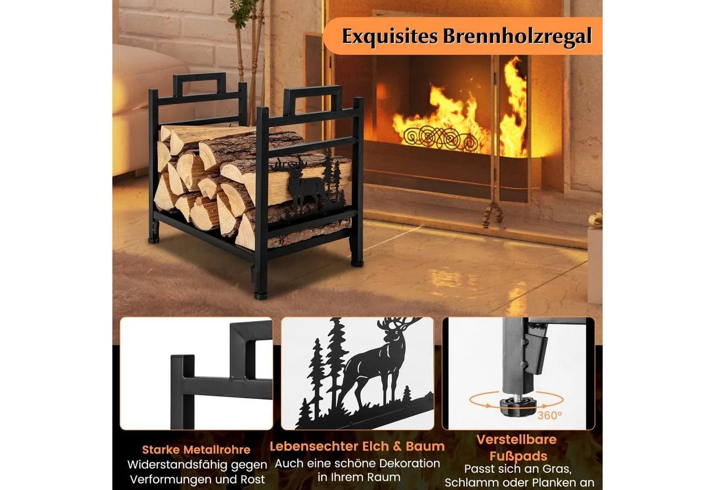 COSTWAY Kaminholzregal aus Metall mit Griffen und Elchmuster - Bild 5
