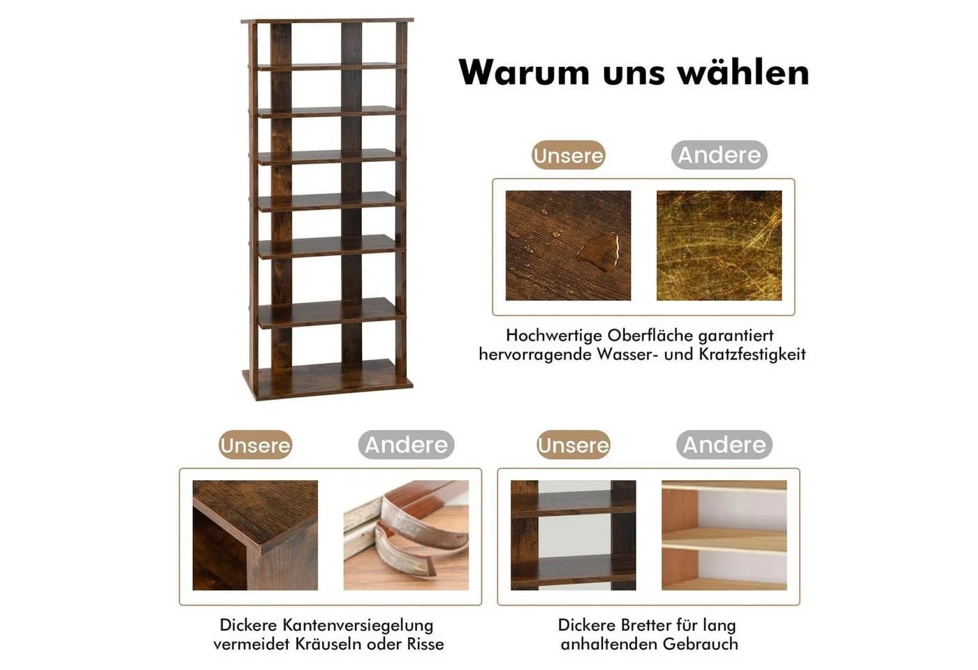 COSTWAY Schuhregal 8 Ebene Braun Verstellbar 110cm - Bild 4