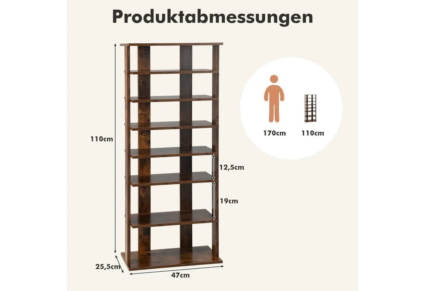 COSTWAY Schuhregal 8 Ebene Braun Verstellbar 110cm - Bild 5