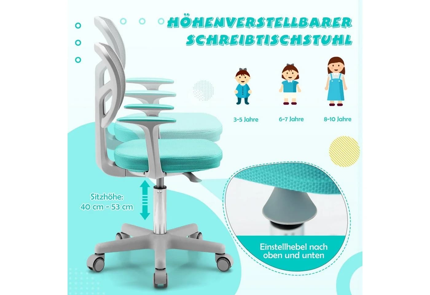 COSTWAY Drehstuhl Kinder Schreibtischstuhl, höhenverstellbar, Smaragdgrün